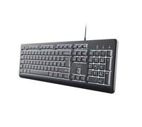 Trust Primo Teclado Iluminado QWERTY Español, Cable USB-C/USB-A 1.8m, Teclas de Perfil Bajo, Botones Silenciosos, Teclado Resistente a los Vertidos, Windows, Mac, PC, Ordenador, Portátil, Negro