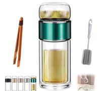 Tryteava Glass Infuser- Teava 3 in 1 Smart Tea Infuser,Double Glass Tea Infuser Bottle,Tea Separation Cup,Hot or Cold Ready,with 304 Stainless Steel Filter,for Blooming & Loose Leaf Tea (Green,350ml)