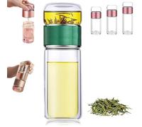 Tryteava Glass Infuser, Teava 3-in-1 Smart Tea Infuser, Portable Glass Double Wall Tea Infusers Bottle with Heat, One-Touch Brewing Mug for Home, Office, or Travel Use (420ml,Green)