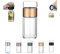 Tryteava Glass Infuser, Tryteava 3-in-1 Smart Glass Infuser -Double-Walled Borosilicate with 304 Stainless Steel Filter, for Blooming/Loose Leaf Tea,for Home, Office & Travel (Gold,280ml)