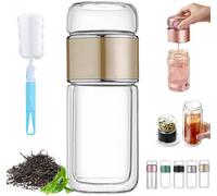 Tryteava Glass Infuser, TryTeava Leak-proof Tea Infuser, Double Layered Glass, Portable 3-in-1 Tea Maker, with Filter & Lid, for Loose Leaf (Gold,350ml)
