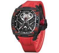 TSAR BOMBA Reloj automático para hombre de lujo de fibra de carbono, reloj mecánico intercambiable con materia oscura, TB8603, Rojo-negro