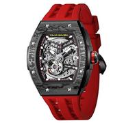 TSAR BOMBA Reloj automático para Hombre Reloj Esqueleto de Lujo Tonneau para Hombre Reloj de Pulsera mecánico con Correa de fluoroelastómero, Resistente al Agua hasta 50 m,8228CF-Red Black
