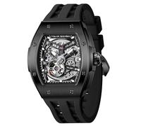 TSAR BOMBA Reloj automático para Hombre Reloj Esqueleto de Lujo Tonneau para Hombre Reloj de Pulsera mecánico con Correa de fluoroelastómero, Resistente al Agua hasta 50 m 8228A-Black