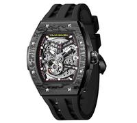 TSAR BOMBA Reloj automático para Hombre Reloj Esqueleto de Lujo Tonneau para Hombre Reloj de Pulsera mecánico con Correa de fluoroelastómero, Resistente al Agua hasta 50 m,8228CF-Black