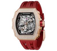 TSAR BOMBA Reloj automático para Hombre Reloj Esqueleto de Lujo Tonneau para Hombre Reloj mecánico impermeable a 50 metros Reloj analógico, D-gored, correa