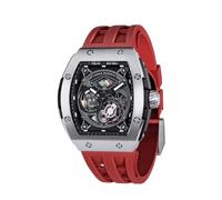 TSAR BOMBA Relojes automáticos para hombre, reloj de esqueleto mecánico, relojes analógicos impermeables de 50 m, correas de reloj fluororubber de moda de lujo, fáciles de quitar, reserva de energía, regalos únicos para hombres, Plateado, rojo