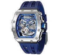 TSAR BOMBA Relojes automáticos para Hombre Reloj de Lujo para Hombre con Correa de Silicona Azul Acero Inoxidable Plateado Resistente al Agua y Esfera Grande