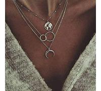 TseanYi - Collar bohemio en capas con cadena de plata con colgante de mapa de luna y círculo plateado, gargantilla de karma eterno, collar de clavícula para mujeres y niñas (plata)