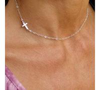 TseenYi Collar con colgante de cruz, cadena de plata y cruz horizontal, collar de cadena corta, collar religioso, joyería para mujeres y niñas (plata)