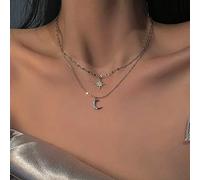 TseenYi Collar De Capas De Cristal De Media Luna y Estrella - Gargantilla De Plata Brillante Con CZ - Joya Para Mujeres y Niñas