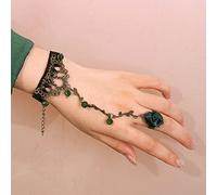 TseenYi Pulsera anillo encaje Gótico Negro Encaje Esclavo Anillo dedo Pulsera Cristal Taseel Cadena Anillo encaje Pulsera Rosa Flor Anillo dedo Pulsera Lolita Cosplay Joyas para mujeres y niñas(Verde)