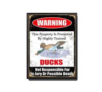 TSEZLOJH Cartel retro de hojalata con texto en inglés "Happy Bird Duck This Property is Protected by Highly Trained Ducks Not Responsible for in Jury Or Possible Death Caution Warning Aviso, 30.5 x