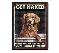 TSEZLOJH Divertido letrero de metal con texto en inglés "Get Naked Unless You are Just Visiting Don't Make It Weird Golden Retriever", 12 x 16 pulgadas, pintura de estaño enmarcada en metal