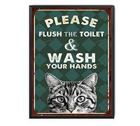TSEZLOJH Letrero de estaño con diseño de gato para mujer, por favor, descarga el inodoro y lávate las manos, letreros vintage de gato negro para puerta delantera, cocina, decoración de pared, 12 x 16