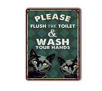 TSEZLOJH Letrero de metal de estaño para decoración de gatos para mujer, por favor, descarga el inodoro y lávate las manos, letreros vintage de gato negro para puerta delantera, cocina, decoración de