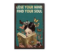 TSEZLOJH Letrero de metal de hojalata con texto en inglés "Girl Reads" libro y mariposa Lose Your Mind Find Your Soul Wall Art Decor Metal Tin Sign 20.3 x 30.5 cm, pintura de estaño con marco de metal
