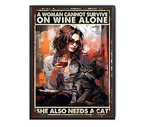 TSEZLOJH Letrero de metal divertido con texto en inglés "A Woman Cannot Survive On Wine Alone She Also Needs A Cat Bar Signs" 40,6 x 30,5 cm, pintura de estaño con marco de metal