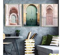 TSHAOSHUNHT Marruecos Puerta Pared Arte Lienzo Cuadro Dorado caligrafía árabe Pantalones Arquitectura islámica Cartel decoración Bohemia 50x70cmx3 sin Marco
