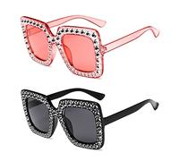 TSHAOUN 2 piezas Retro Polarizado Gafas de Sol Gafas de Sol Mujer Polarizadas da Moda Grandes gafas deportivas, Plástico con Pedrería Decoración para Señoras Clásico Retro Gafas (2 Pack) (2 Pack)