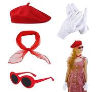 TSHAOUN 4 Piezas 50's Costume Accessories Set Accesorios de Disfraces para Mujeres,boina rojiza, bufanda sombrero, gafas de sol, guantes,Mujer Carnaval Retro Fiesta Víspera de Todos los Santos (Rojo)