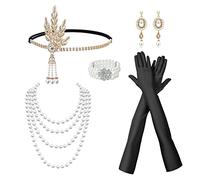 TSHAOUN 6 Piezas 1920 Juego de Accesorios 1920s Flapper Diade majuego temático de los años 20 con diadema collar largo de guantes negros, accesorios Great Gatsby para mujer. (Oro)