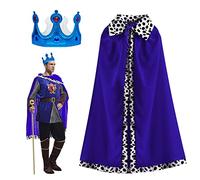 TSHAOUN Capa de Rey y Reina Adulto, 2 Pcs Túnicas Reales con Corona, Capa de Terciopelo Disfraz de Reina Rey para Halloween, Carnaval, Disfraces, Fiestas Temáticas, Hombres y Mujeres, 120cm (Azul)