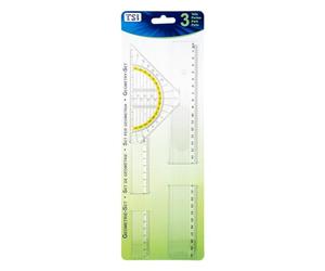 TSI - Utensilios de Papelería para Dibujo de Plástico Transparente (3 Piezas, Regla de 30 cm, Regla de 17 cm, Escuadra 16 cm)