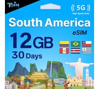 TSIM eSIM de Sudamérica 30 días | 12 GB 5G/4G/LTE Internet | Hotspot permitido | Utilizable en Brasil, Chile, Colombia, Perú, Uruguay y Costa Rica | eSIM en 24 horas.