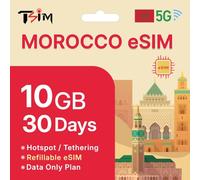 TSIM eSIM Marruecos 30 días - 5 GB de datos de alta velocidad | Activación automática | Hotspot permitido | Código QR por correo electrónico en 24 horas | Solo datos, sin voz