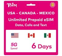 TSIM eSIM Prepagada para EE. UU. por 6 días | Datos ilimitados 4G/5G en EE. UU. + Datos ilimitados a Baja Velocidad en Canadá y México | Llamadas Locales ilimitadas + Llamadas/SMS entrantes Gratis.