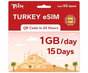 TSIM eSIM prepagada para Turquía para viajes | 15 días de velocidad 5G de 1 GB/día | Punto de acceso permitido | Código QR eSIM enviado por correo electrónico dentro de las 24 horas posteriores al