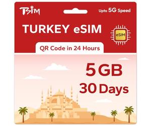 TSIM eSIM prepagada para Turquía para viajes | 30 días de velocidad 5 GB 5G | Punto de acceso permitido | Código QR eSIM enviado por correo electrónico dentro de las 24 horas posteriores al envío |