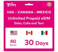 TSIM eSIM Prepagada USA 30 días | Datos ilimitados 4G/5G Alta Velocidad en EE. UU. + 5 GB Alta Velocidad en Canadá y México | Llamadas Locales ilimitadas + Llamadas/SMS entrantes Gratis.