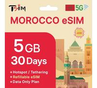 TSIM Marruecos eSIM 30 días | 5 GB de datos de alta velocidad | Activación automática | Compartir punto de acceso permitido | Código QR eSIM enviado por correo electrónico dentro de las 24 horas de