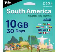 TSIM para Sudamérica eSIM - 30 días 10 GB | Red multioperador 5G/4G (Hotspot Permitido) | Uso en Brasil, Chile, Colombia, Argentina, Ecuador y más | eSIM en 24 Horas | Activación automática.