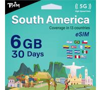 TSIM para Sudamérica eSIM - 30 días 6 GB | Red multioperador 5G/4G (Hotspot Permitido) | Uso en Brasil, Chile, Colombia, Argentina, Ecuador y más | eSIM en 24 Horas | Activación automática.