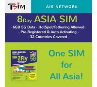TSIM Tarjeta SIM Asia Data para 8 días con datos de 6 GB | Red AIS 5G | Australia, Japón, Singapur, China, Vietnam, Indonesia | SIM activada automáticamente