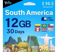 TSIM Tarjeta SIM de 30 días para América del Sur | 12 GB de Internet en 5G/4G/LTE (datos compartidos permitidos) | Utilizable en Brasil, Chile, Colombia, Perú, Uruguay y Costa Rica | Red 5G de alta