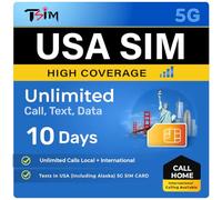 TSIM Tarjeta SIM de Estados Unidos de 10 días con llamada Home | Alta cobertura de red | Datos ilimitados en la red AT&T | Llamadas locales ilimitadas e internacionales / SMS en los Estados Unidos