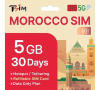 TSIM Tarjeta SIM de Marruecos de 30 días | 5 GB de datos de alta velocidad en 5G/4G/LTE (Se permite compartir datos) | Activación automática | Sin límite de velocidad de datos | Nueva tarjeta SIM 5G