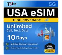 TSIM USA eSIM 10 días | Alta Cobertura | Datos ilimitados en la Red de AT&T | Llamadas y Mensajes de Texto Locales e internacionales ilimitados en EE. UU. (Incluido Alaska) | eSIM en 24 Horas