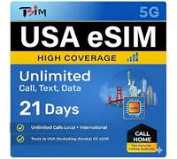 TSIM USA eSIM 21 días | Alta cobertura de red | Datos ilimitados en EE. UU. | eSIM disponible en 24 horas | Hotspot | Call Home