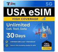 TSIM USA eSIM 30 días | Alta Cobertura | Datos ilimitados en la Red de AT&T | Llamadas y Mensajes de Texto Locales e internacionales ilimitados en EE. UU. (Incluido Alaska) | eSIM en 24 Horas