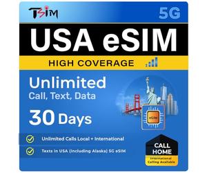TSIM USA eSIM 30 días | Alta Cobertura | Datos ilimitados en la Red de AT&T | Llamadas y Mensajes de Texto Locales e internacionales ilimitados en EE. UU. (Incluido Alaska) | eSIM en 24 Horas