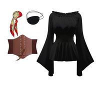 TSIRNK 4 disfraz de pirata para mujer, disfraz de pirata, blusa medieval para mujer, con cinturón de corsé, accesorios piratas, para Halloween y carnaval (negro, 3XL)