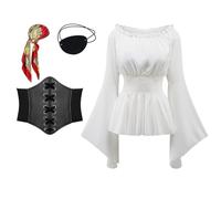 TSIRNK 4 disfraz de pirata para mujer, disfraz de pirata, blusa medieval para mujer, con cinturón de corsé, accesorios piratas, para Halloween y carnaval (blanco, 3XL)
