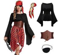 TSIRNK Disfraz de pirata de 4 piezas para mujer, disfraz medieval de vikingo para mujer, hombros descubiertos, accesorios de pirata, para Halloween, carnaval (negro, S)