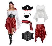 TSIRNK Disfraz de pirata para mujer, disfraz medieval de vikingo de 6 piezas con hombros descubiertos, falda gótica, accesorios de pirata, para Halloween, carnaval (blanco, 2XL)