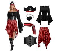 TSIRNK Disfraz de pirata para mujer, disfraz medieval de vikingo de 6 piezas con hombros descubiertos, falda gótica, accesorios de pirata, para Halloween, carnaval (negro, L)